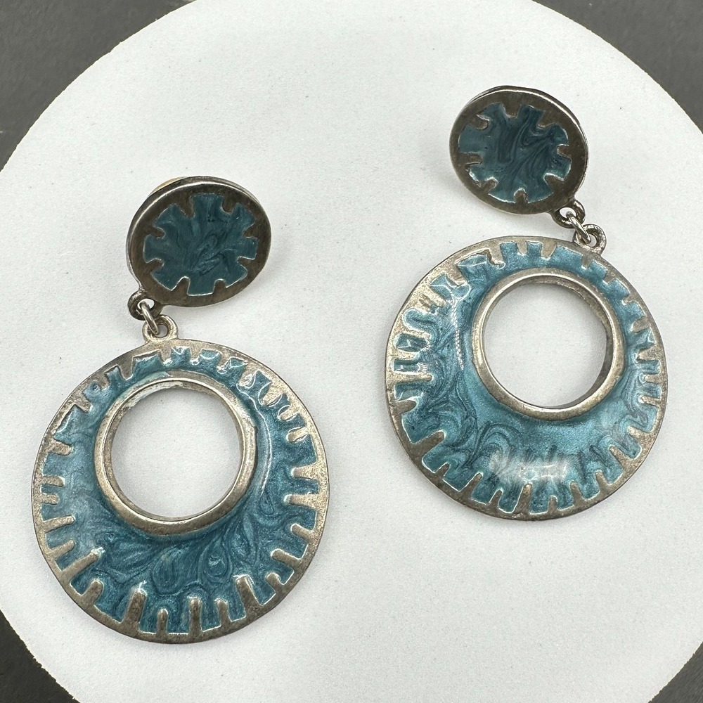 Vintage‎ Silver Tone Blue Enamel Dangle Earrings Large Oval Post Boho Jewelry